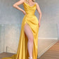 Robe de soirée longue en satin jaune, sexy, col en V, épaules dénudées, robe de bal formelle, nv125