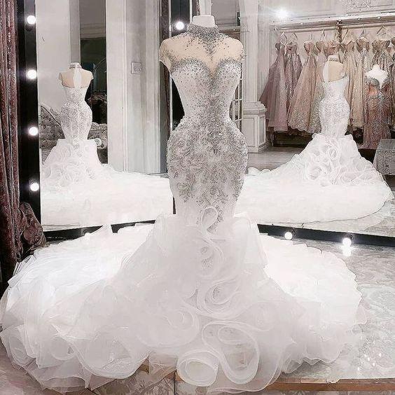 Meerjungfrau Brautkleid Luxus Perlenbesetztes Ballkleid nv93