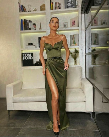 Green/Black new style fashion spaghetti straps long slit sexy satin prom dress evening dress formal dress nv85