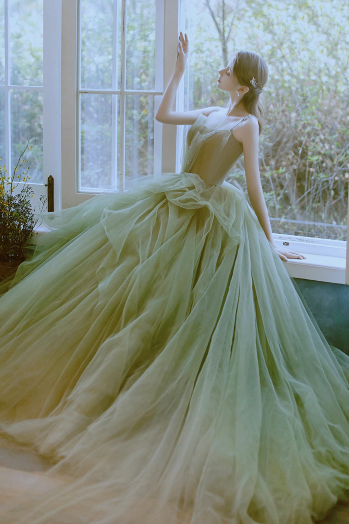 Green tulle long prom dress green evening dress nv77