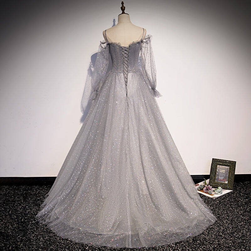 Grey shiny elegant long sleeves long tulle prom dress formal dress evening gown graduation dress nv86