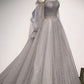 Graues, glänzendes, elegantes Ballkleid mit langen Ärmeln aus Tüll, formelles Kleid, Abendkleid, Abschlusskleid, NV86