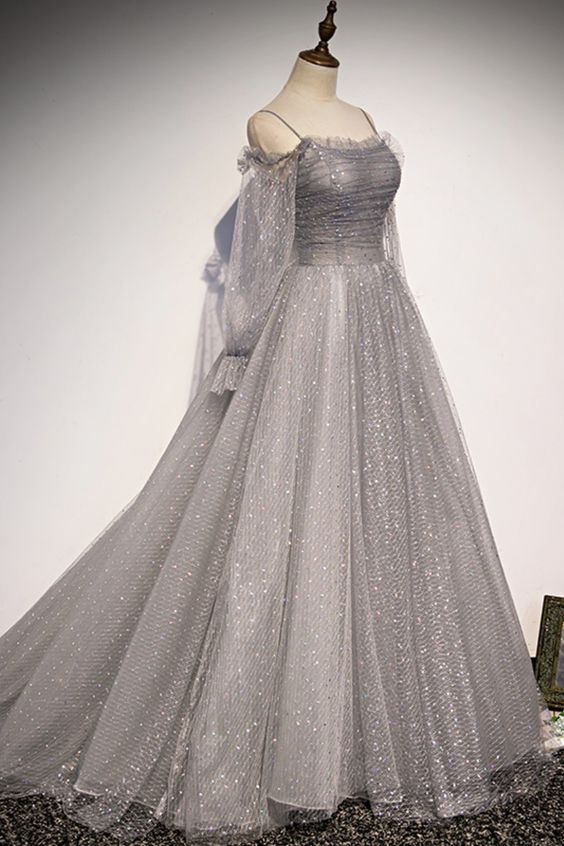 Grey shiny elegant long sleeves long tulle prom dress formal dress evening gown graduation dress nv86