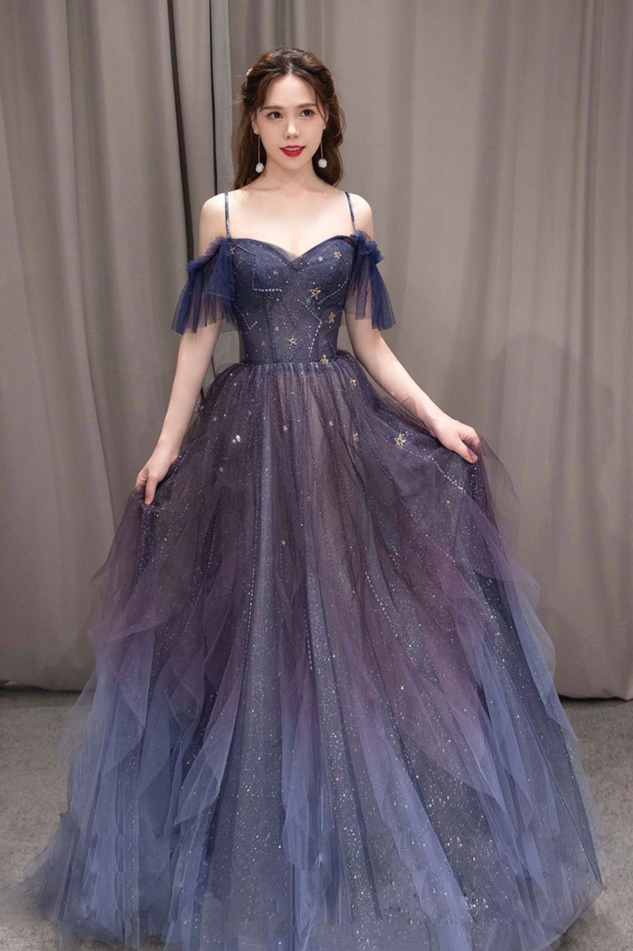 Purple tulle long ball gown A-line evening dress nv106