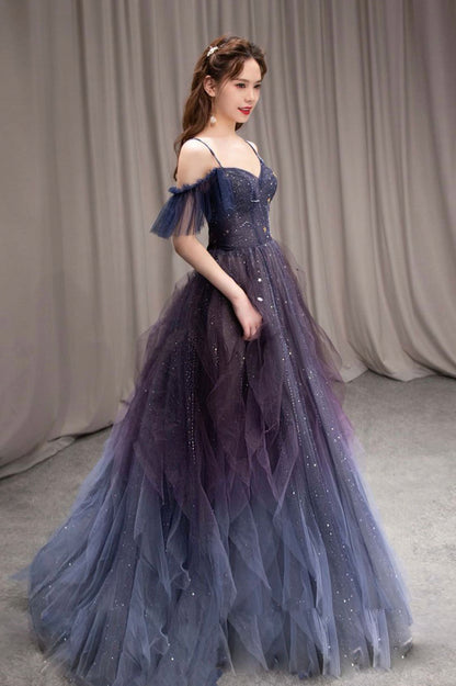 Purple tulle long ball gown A-line evening dress nv106