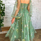Grünes elegantes Midi-Ballkleid-Abendkleid aus Tüll mit Blumenapplikationen nv76