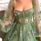 Grünes elegantes Midi-Ballkleid-Abendkleid aus Tüll mit Blumenapplikationen nv76