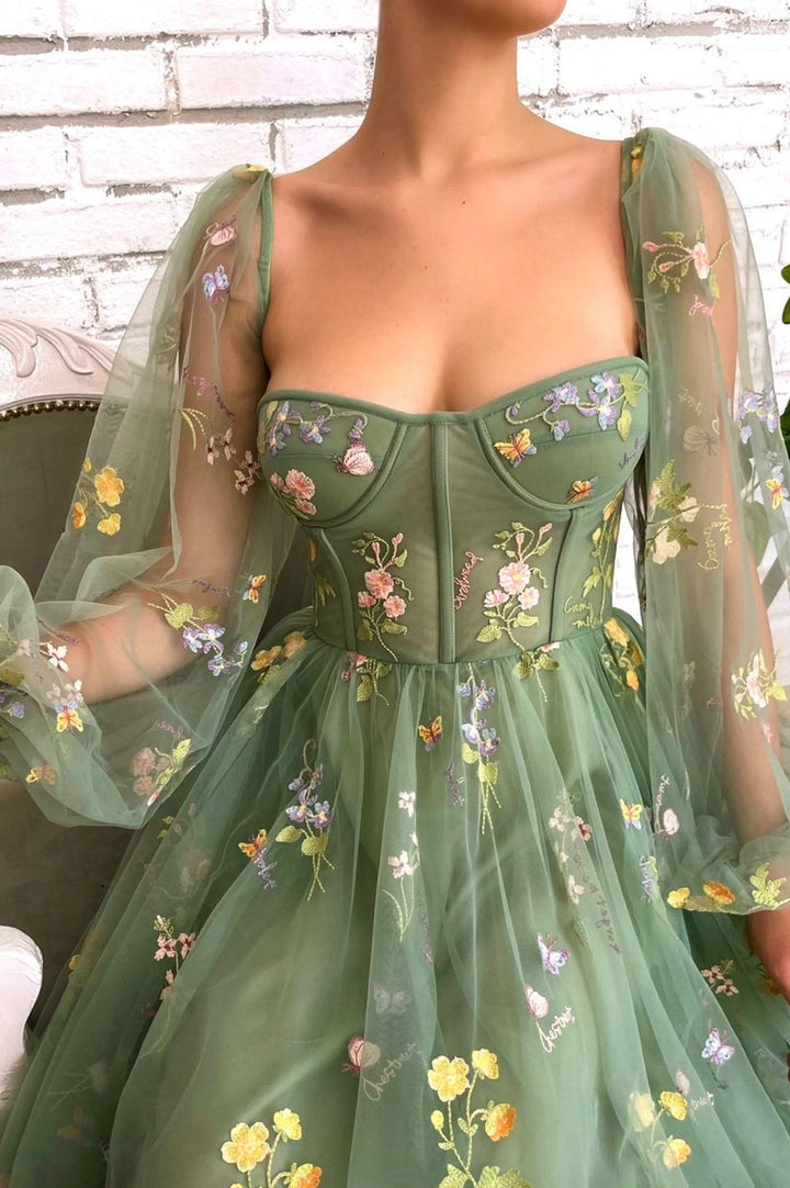 Grünes elegantes Midi-Ballkleid-Abendkleid aus Tüll mit Blumenapplikationen nv76