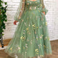 Grünes elegantes Midi-Ballkleid-Abendkleid aus Tüll mit Blumenapplikationen nv76