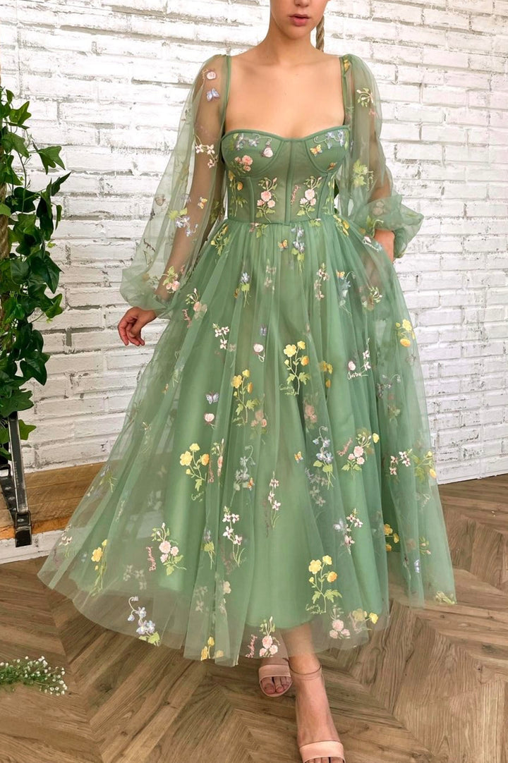 Grünes elegantes Midi-Ballkleid-Abendkleid aus Tüll mit Blumenapplikationen nv76