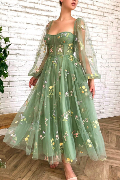 Grünes elegantes Midi-Ballkleid-Abendkleid aus Tüll mit Blumenapplikationen nv76