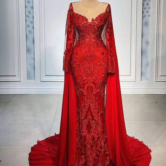 Red Luxurious Mermaid Prom Dresses Sheer Neck Lace Beaded Evening Formal Party Gowns Dress nv4