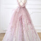 Robe de soirée longue en tulle rose avec perles nv99