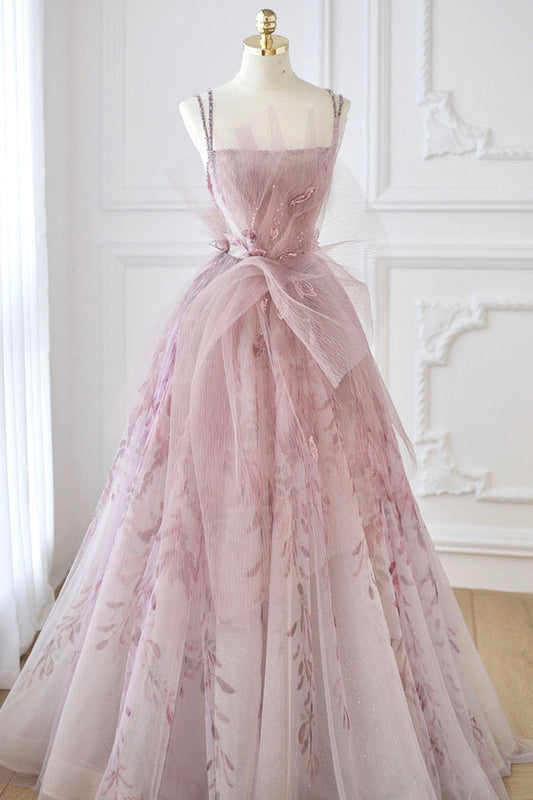 Pink tulle beads long prom dress pink evening dress nv99